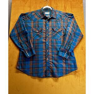 Vintage Open Trails Western Cowboy Plaid Pearl Snap Button Up Shirt Mens Size XL